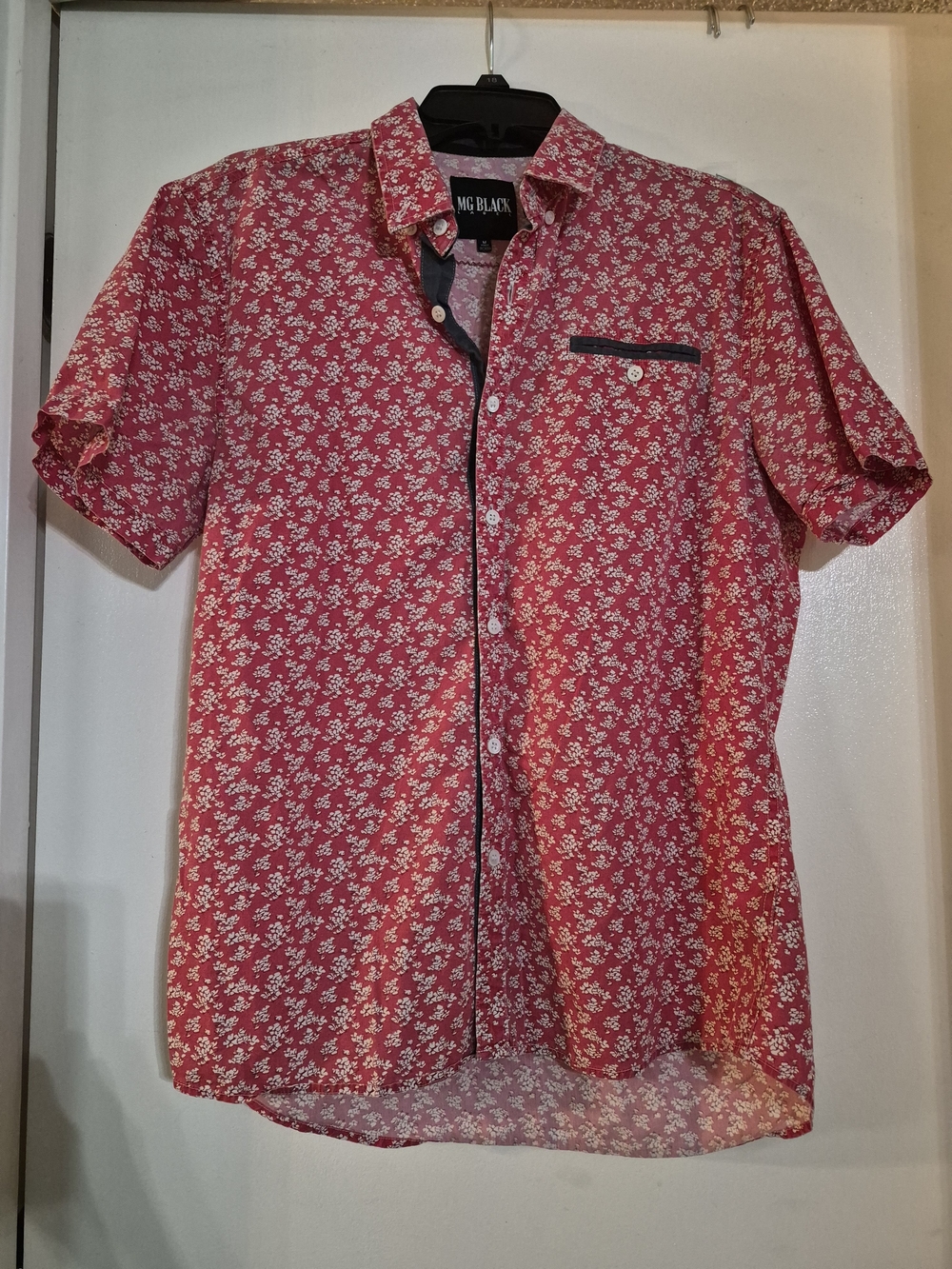 Black Short-Sleeve Red Floral Button-Up Shirt